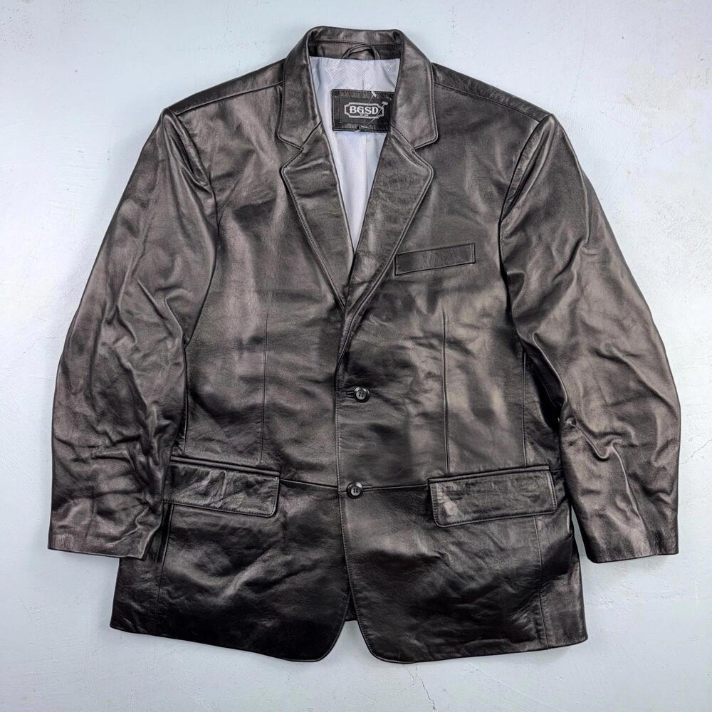 BGSD Mens Black Leather 2 Button Front Collared Jacket Size XL S Lambskin